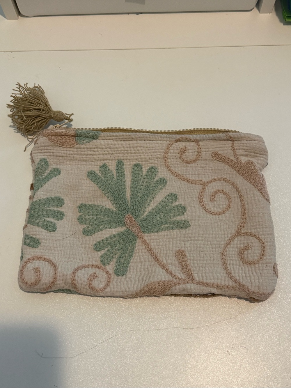 Kantha Zip Pouch - Cream and Sage